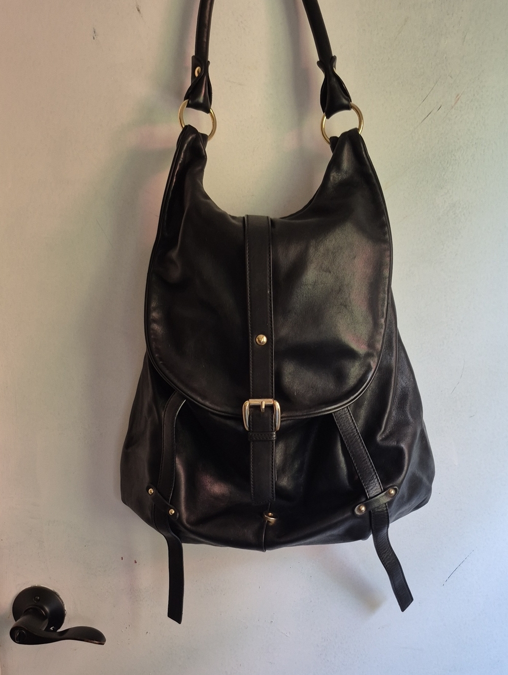 Black Leather Backpack Tote with Gold Hardware